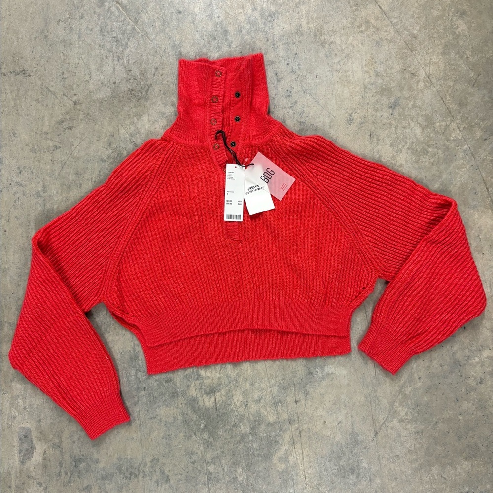 Red Button-Up Turtleneck Sweater